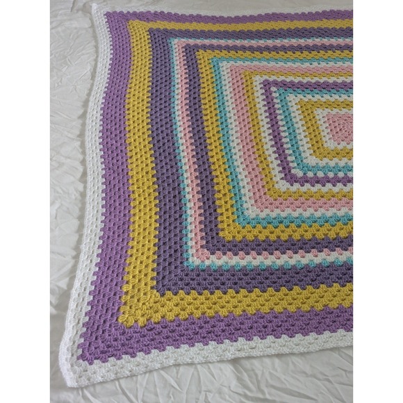 VTG Crochet Baby Afghan Blanket Throw Yellow Purple Pink Pastel 57x56 Square - Picture 3 of 6